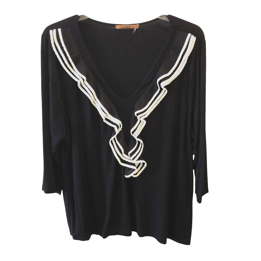 Belldini Womens Plus 3X Black White Ruffled Long Sleeve V Neck Shirt Top Blouse